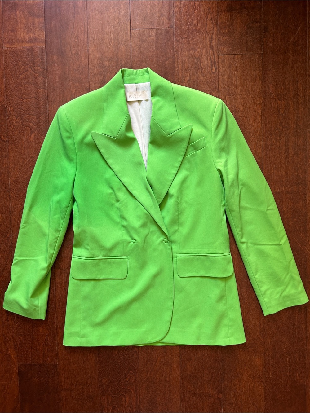 AGGI Selected Bright Lime Green Silk Blend Double-Breasted Blazer, Size XS (34)